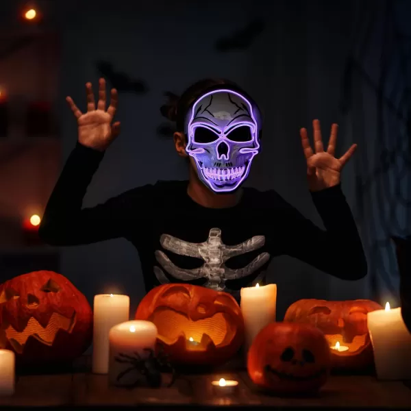 JOYIN Halloween LED Skull Mask with Light Up Gloves Blue Scary Glow Up Skull Mask Glow in The Dark Skeleton Mask for Kids Boys Girls Halloween Cosplay Costumes Accessory Party Dress UpPurple