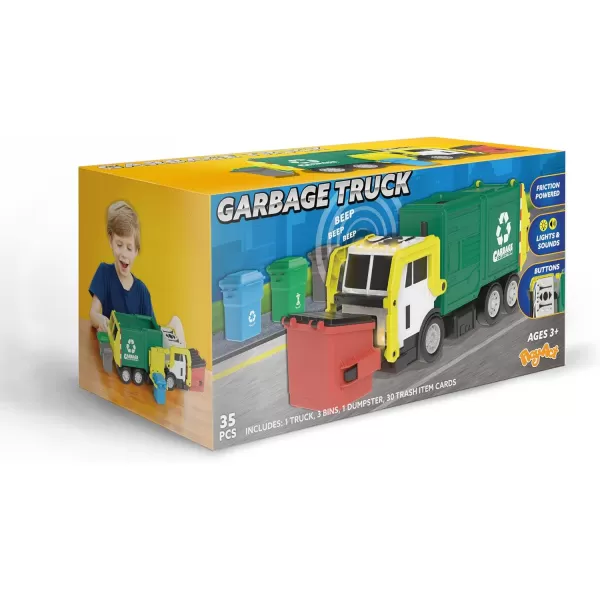 JOYIN Large Friction Powered Garbage Truck Toy Set Includes Dumpster Trash Bins and Learning Cards for Kids