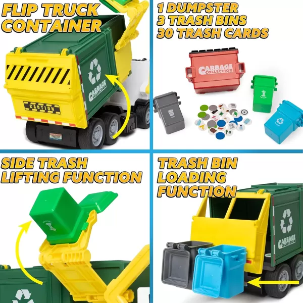 JOYIN Large Friction Powered Garbage Truck Toy Set Includes Dumpster Trash Bins and Learning Cards for Kids