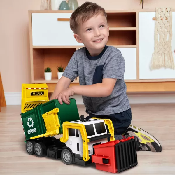 JOYIN Large Friction Powered Garbage Truck Toy Set Includes Dumpster Trash Bins and Learning Cards for Kids