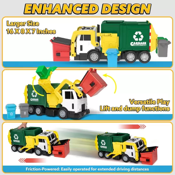 JOYIN Large Friction Powered Garbage Truck Toy Set Includes Dumpster Trash Bins and Learning Cards for Kids