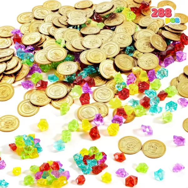 JOYIN Toy 288 Pieces Pirate Gold Coins and Pirate Gems Jewelry Playset Pack Party Favor 144 Coins144 Gems