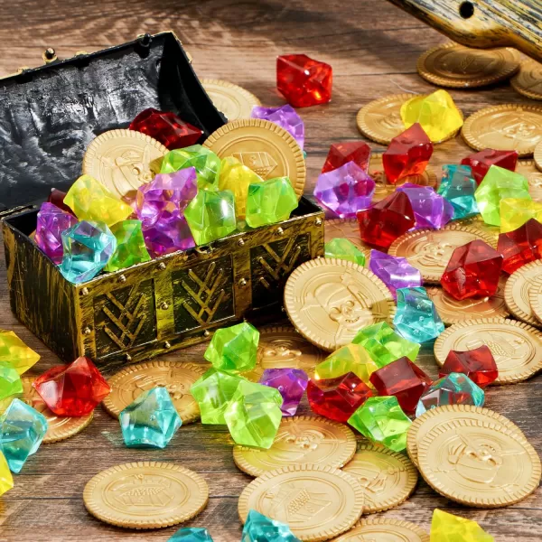 JOYIN Toy 288 Pieces Pirate Gold Coins and Pirate Gems Jewelry Playset Pack Party Favor 144 Coins144 Gems