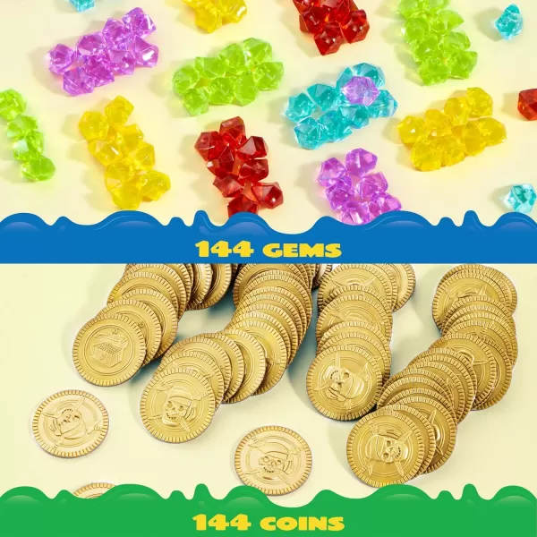 JOYIN Toy 288 Pieces Pirate Gold Coins and Pirate Gems Jewelry Playset Pack Party Favor 144 Coins144 Gems