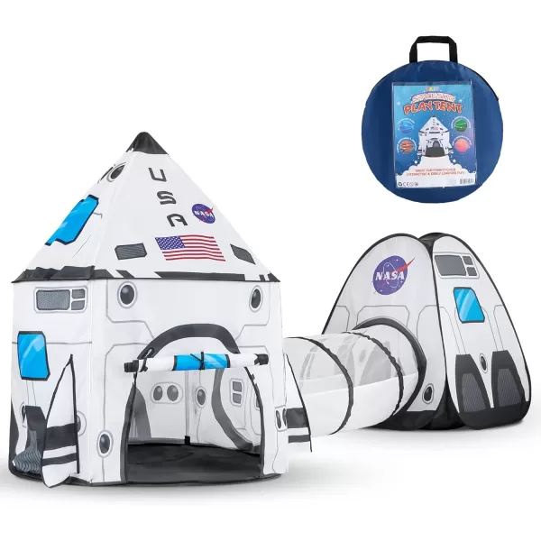 JOYIN White Rocket Ship Pop up Play Tent with Tunnel and Playhouse Kids Indoor Outdoor Spaceship Tent Set