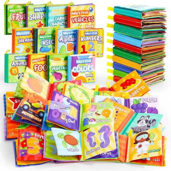 JOYIN 12 Pcs Bath Books Nontoxic Fabric Soft Crinkly Cloth Books Waterproof Bathtub Pool and Early Education First Toys for Infant Newborn Baby Toddlers Kids Birthday Gifts