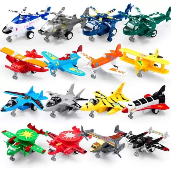 JOYIN 16 Pcs Pull Back Airplane Toys Boys Plane Playset Aircraft Incl Helicopter Toys Fighter Jet Toys Bomber Toys Biplane Toy Gifts for Toddler Kids 3 Years Old Kids Presents Toys