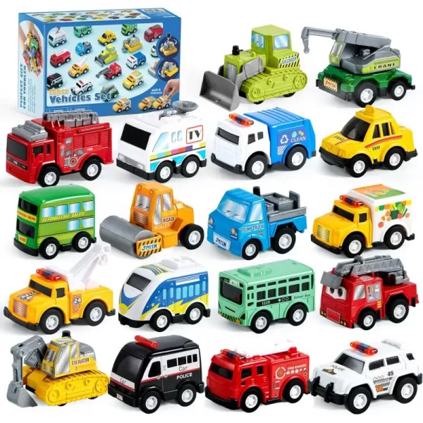 JOYIN 18 Pcs Pull Back City Cars and Trucks Toy Vehicles Set Friction Powered Cars Toys for Toddlers Boys Girls Educational Play Goodie Bags Stuffers