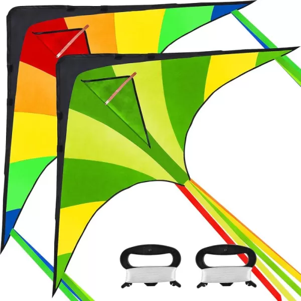 JOYIN 2 Packs Large Delta Kite Green and Multicolor Kite Easy to Fly Huge Kites for Kids and Adults with 2625 ft Kite String Large Delta Beach Kite for Outdoor Games and ActivitiesGreenRainbow