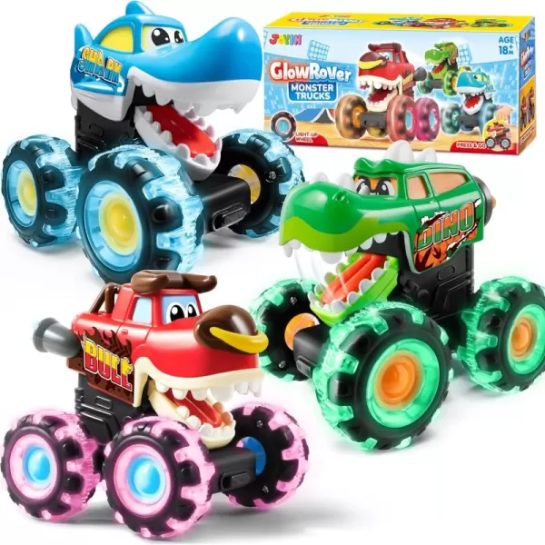 JOYIN 3 Pack Monster Truck Toy  Motion Activated LightUp Cars for Toddlers  Monster Treads Lightning Wheels  Baby Toy Press ampamp Go Cars for Boys Girls