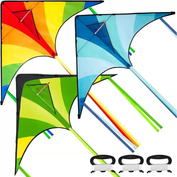 JOYIN 3 Packs Large Delta Kite Green Blue and Rainbow Easy to Fly Huge Kites for Kids with 2625 ft Kite String Large Delta Beach Kite for Outdoor Games and Activities