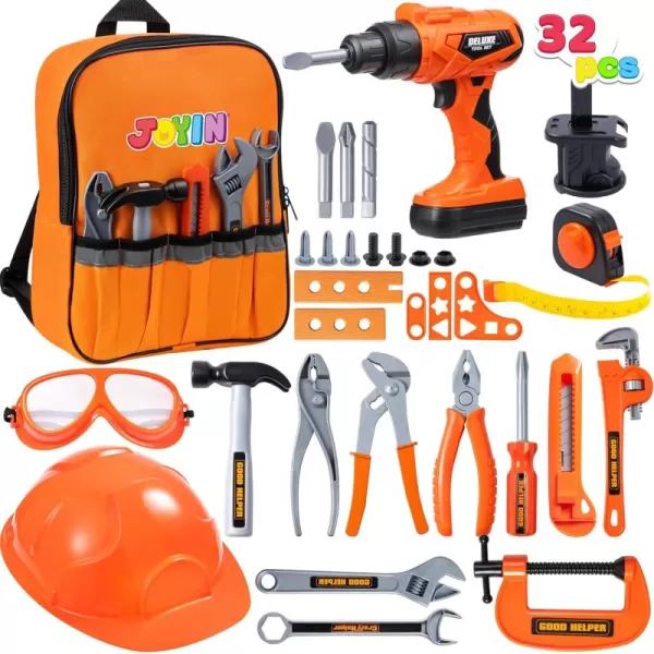 JOYIN 32PCS Kids Tool Set Pretend Play Toddler Tool Toys with Construction Backpack Costume ampamp Electronic Toy Drill for Boy Girl Halloween Present Birthday Dress Up Party
