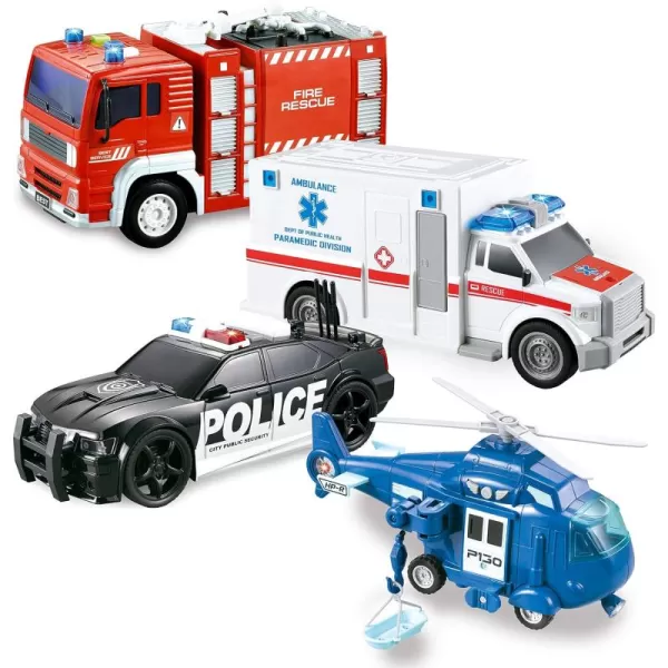 JOYIN 4 Packs Emergency Vehicle Toy Playsets Friction Powered Vehicles with Light and Sound Including Fire Truck Ambulance Toy Play Police Car and Toy Helicopter Best Toddler Kids Boys Gifts