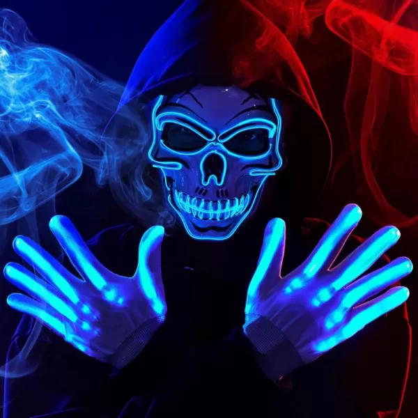 JOYIN Halloween LED Skull Mask with Light Up Gloves Blue Scary Glow Up Skull Mask Glow in The Dark Skeleton Mask for Kids Boys Girls Halloween Cosplay Costumes Accessory Party Dress UpBlue