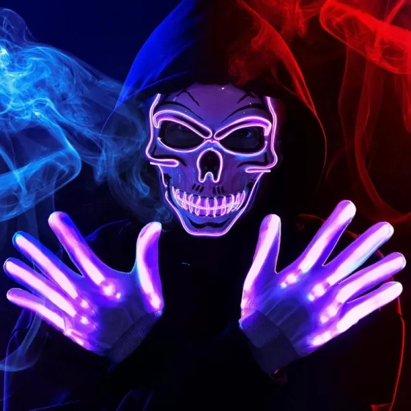 JOYIN Halloween LED Skull Mask with Light Up Gloves Blue Scary Glow Up Skull Mask Glow in The Dark Skeleton Mask for Kids Boys Girls Halloween Cosplay Costumes Accessory Party Dress UpPurple