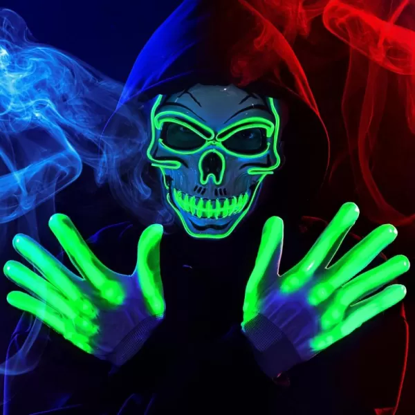 JOYIN Halloween LED Skull Mask with Light Up Gloves Blue Scary Glow Up Skull Mask Glow in The Dark Skeleton Mask for Kids Boys Girls Halloween Cosplay Costumes Accessory Party Dress UpGreen
