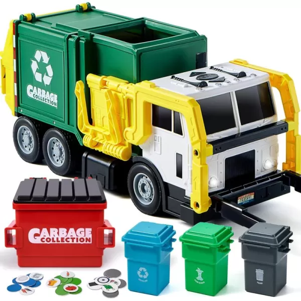 JOYIN Large Friction Powered Garbage Truck Toy Set Includes Dumpster Trash Bins and Learning Cards for Kids