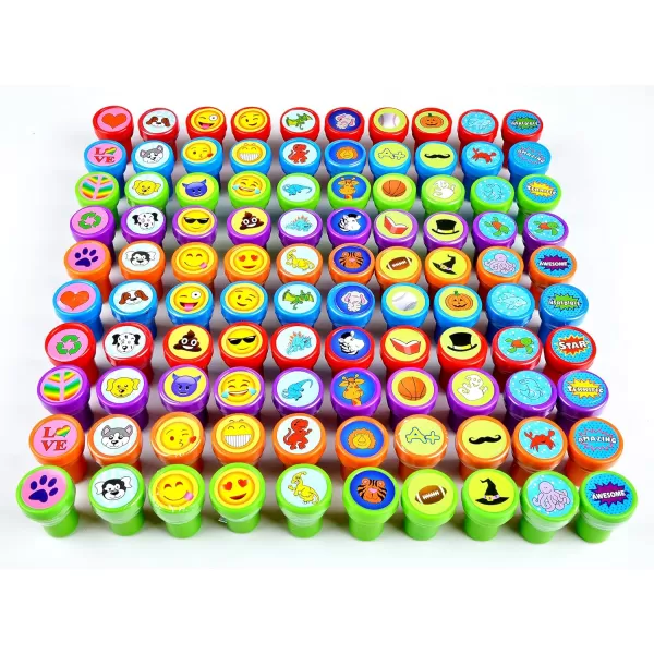JOYIN 100PCS Assorted Stamps for Kids SelfInk Stamps for Party Favor Teacher Stamps Kids Treasure Box Prize for Classroom Easter Egg Stuffers 50 Designs Dinosaur Halloween Stampers