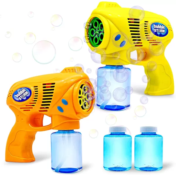 JOYIN 2 Kids Bubble Gun with 2 Bottles Bubble Refill Solution Bubble Guns Kids 48 Bubble Machine Gun for Toddlers 13 Bubble Gun Blaster Party Favors Summer Toy Outdoors Easter Birthday GiftOrangeyellow