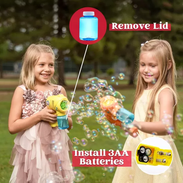 JOYIN 2 Kids Bubble Gun with 2 Bottles Bubble Refill Solution Bubble Guns Kids 48 Bubble Machine Gun for Toddlers 13 Bubble Gun Blaster Party Favors Summer Toy Outdoors Easter Birthday GiftOrangeyellow