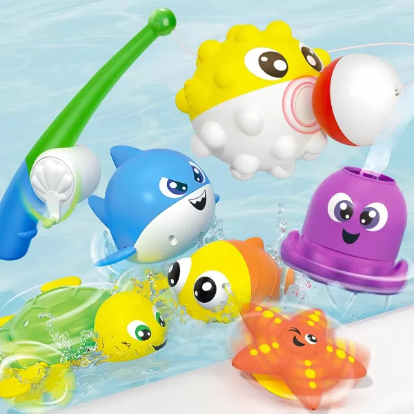 JOYIN Baby Bath Toy Set  Magnetic Fishing Toy with Fishing Rod Soft Puffer ampamp Clown Fish Spinning Octopus and Starfish Windup Shark and Turtle  Sensory Development for Infants ampamp Toddler
