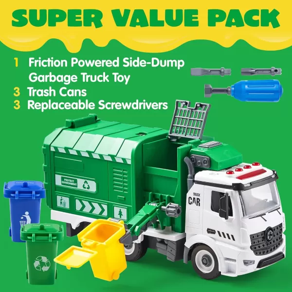 JOYIN Garbage Truck Toy Boys ampamp Girls Gifts Kids DIY Assembly Friction Powered SideDump Garbage Toy with Light and Sounds 3 Trash Cans 3 Replaceable Screwdrivers Age 1 2 3 4 5