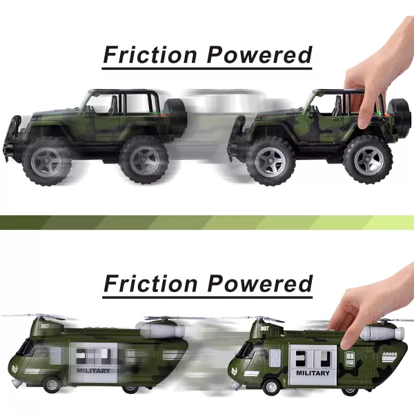 JOYIN Military Vehicles Toy Set of Friction Powered Transport Helicopter and Military Truck with Light and Sound Siren and Army Men Soldier Action Figures for Kids