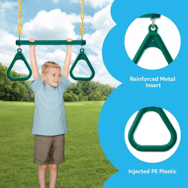 TURFEE 3 Pack Assorted Swing Set Including 1 Gym Rings Trapeze Swing Bar and 2 Pcs Swings with Plastic Coated Chain Swing Set Accessories Replacement for Kids Outdoor Play Playground Green