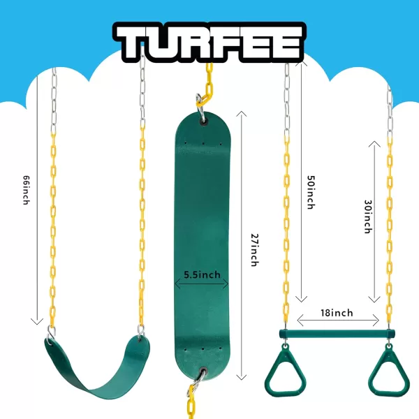 TURFEE 3 Pack Assorted Swing Set Including 1 Gym Rings Trapeze Swing Bar and 2 Pcs Swings with Plastic Coated Chain Swing Set Accessories Replacement for Kids Outdoor Play Playground Green