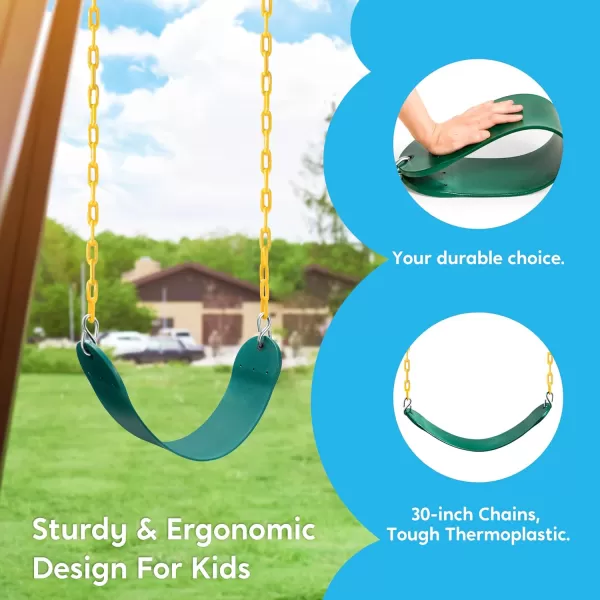 TURFEE 3 Pack Assorted Swing Set Including 1 Gym Rings Trapeze Swing Bar and 2 Pcs Swings with Plastic Coated Chain Swing Set Accessories Replacement for Kids Outdoor Play Playground Green