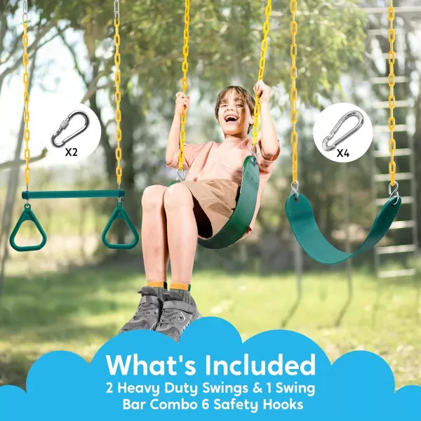 TURFEE 3 Pack Assorted Swing Set Including 1 Gym Rings Trapeze Swing Bar and 2 Pcs Swings with Plastic Coated Chain Swing Set Accessories Replacement for Kids Outdoor Play Playground Green