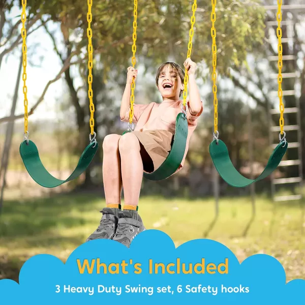 TURFEE 3 Pack Green Swing Seats Heavy Duty with 66quot Chain Swing Set Accessories Replacement with Snap Hooks for Kids Outdoor Play Playground Trees Swing Set Backyard Limit 300lb