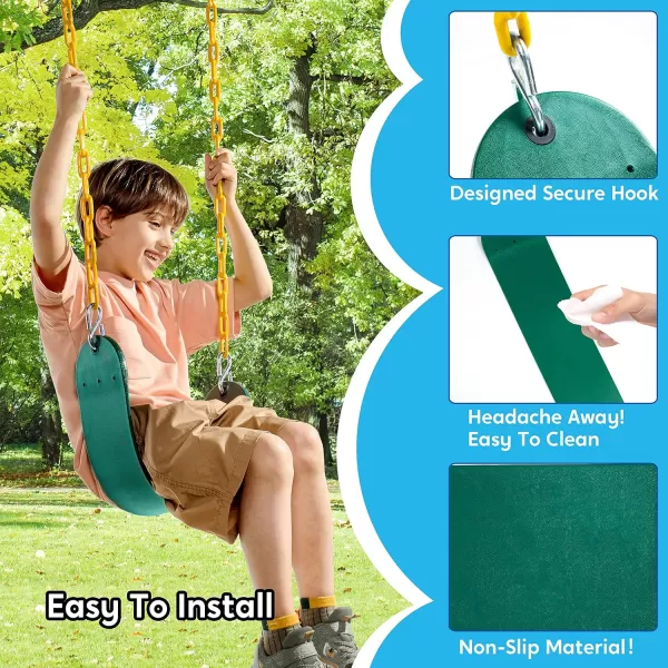 TURFEE Heavy Duty Swing Seat Green Color with 66 Chain Swing Set Accessories Replacement with Snap Hooks for Kids Outdoor Play Playground Trees Swing SetGreen