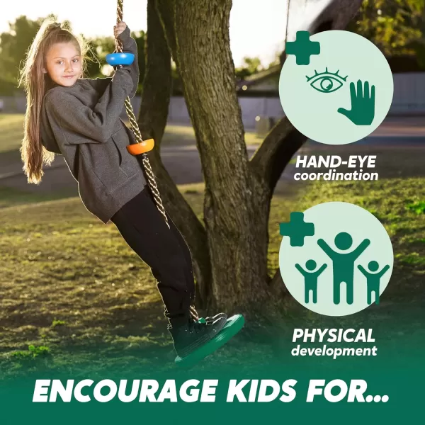 TURFEE Tree Swing for Kids  Single Disc Seat and Climbing Rope Set wCarabiner ampamp 4 Ft Strap  Treehouse and Outdoor Playground Accessories  Green 