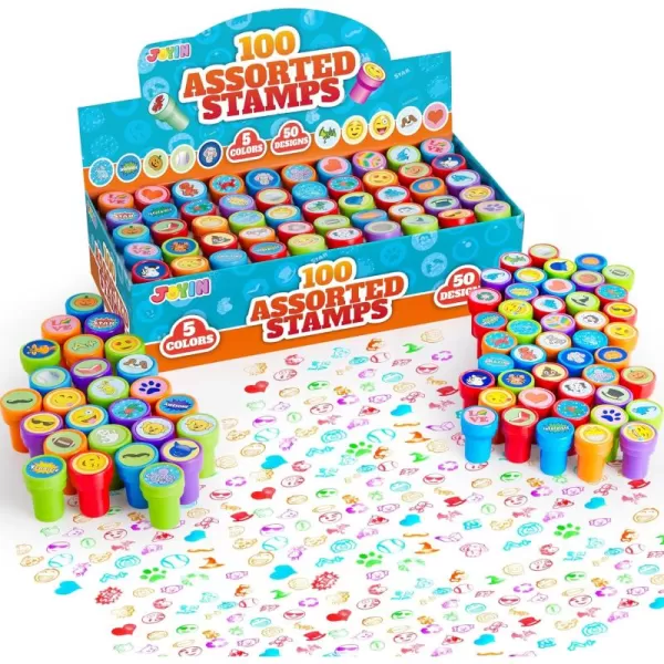 JOYIN 100PCS Assorted Stamps for Kids SelfInk Stamps for Party Favor Teacher Stamps Kids Treasure Box Prize for Classroom Easter Egg Stuffers 50 Designs Dinosaur Halloween Stampers