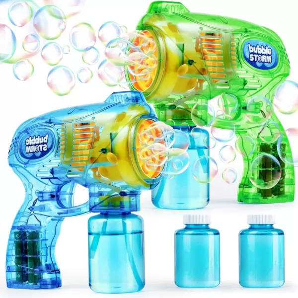 JOYIN 2 Kids Bubble Gun with 2 Bottles Bubble Refill Solution Bubble Guns Kids 48 Bubble Machine Gun for Toddlers 13 Bubble Gun Blaster Party Favors Summer Toy Outdoors Easter Birthday GiftGreenblue