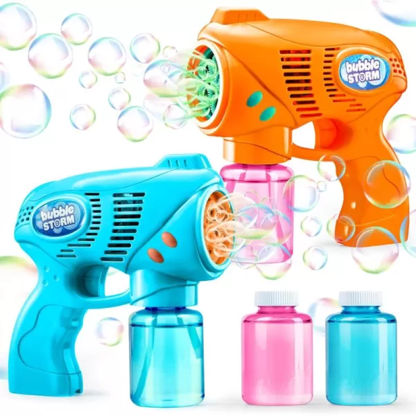 JOYIN 2 Kids Bubble Gun with 2 Bottles Bubble Refill Solution Bubble Guns Kids 48 Bubble Machine Gun for Toddlers 13 Bubble Gun Blaster Party Favors Summer Toy Outdoors Easter Birthday GiftOrangeblue
