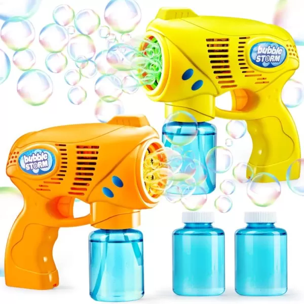 JOYIN 2 Kids Bubble Gun with 2 Bottles Bubble Refill Solution Bubble Guns Kids 48 Bubble Machine Gun for Toddlers 13 Bubble Gun Blaster Party Favors Summer Toy Outdoors Easter Birthday GiftOrangeyellow