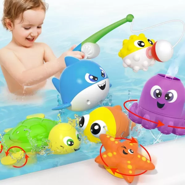 JOYIN Baby Bath Toy Set  Magnetic Fishing Toy with Fishing Rod Soft Puffer ampamp Clown Fish Spinning Octopus and Starfish Windup Shark and Turtle  Sensory Development for Infants ampamp Toddler