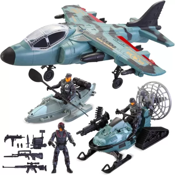 JOYIN Military Toy Set Military Airplane Toy Pretend Play Fighter Jet with Toy Soliders Army Men Action Figures Snowmobile Kayak Boat Army Toys for Boys Age 47 Kids Birthday Easter Xmas Gifts