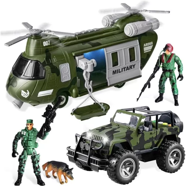JOYIN Military Vehicles Toy Set of Friction Powered Transport Helicopter and Military Truck with Light and Sound Siren and Army Men Soldier Action Figures for Kids