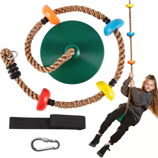 TURFEE Tree Swing for Kids  Single Disc Seat and Climbing Rope Set wCarabiner ampamp 4 Ft Strap  Treehouse and Outdoor Playground Accessories  Green 