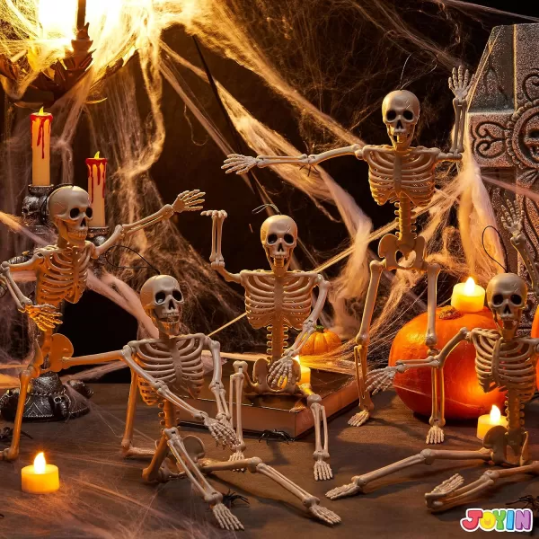JOYIN 5 PCS Posable Halloween Skeletons 16 Inches Full Body Posable Joints Hanging Skeletons for Graveyard Decorations Haunted House Accessories Spooky Scene Party Favors
