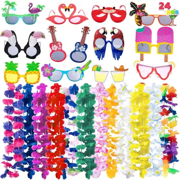 JOYIN 12 Pieces Luau Party Glasses and 12 Pieces Hawaiian Leis Flowers Leis Garlands Novelty Sunglasses Tropical Birthday Summer Beach Party Decoration Supplies