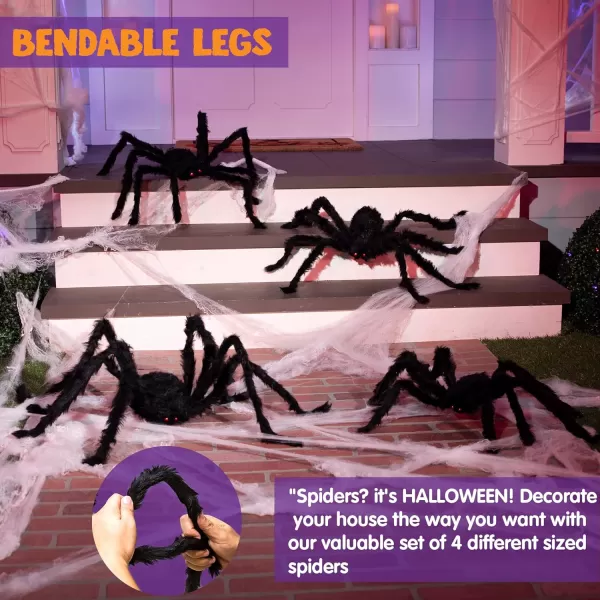 JOYIN 4 Packs Halloween Outdoor Decorations Hairy Spider Set Realistic Scary Fake Spider Hairy Spider Prop for for Halloween Yard Decorations Party Decor Black One 4725quot Two 355quot and One 295quot