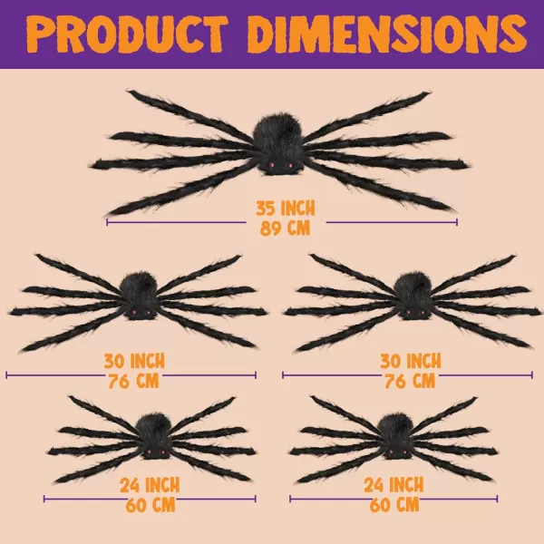 JOYIN 5 Packs Halloween Decorations Outdoor Giant Spiders Large Black Spider Set Halloween Decor Outside Fake Hairy Spiders with Different Size for Lawn Yard Indoor Decor35quot 30quot 30quot 24quot 24quot