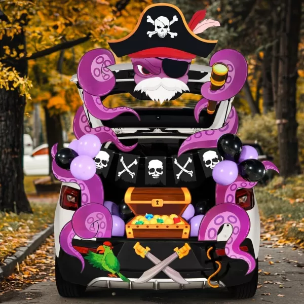 JOYIN Halloween Pirate Trunk Or Treat Car Decorations Kit for SUV Halloween Decorations Outdoor Indoor Decor Octopus Halloween Banner Haunted House Trunk Archway Car Balloons Knife Treasure Chest