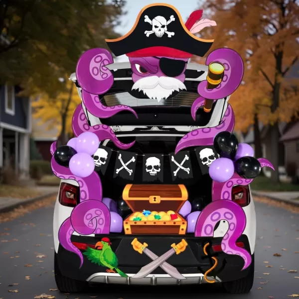 JOYIN Halloween Pirate Trunk Or Treat Car Decorations Kit for SUV Halloween Decorations Outdoor Indoor Decor Octopus Halloween Banner Haunted House Trunk Archway Car Balloons Knife Treasure Chest