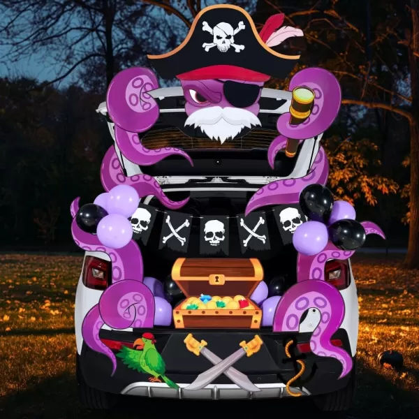 JOYIN Halloween Pirate Trunk Or Treat Car Decorations Kit for SUV Halloween Decorations Outdoor Indoor Decor Octopus Halloween Banner Haunted House Trunk Archway Car Balloons Knife Treasure Chest