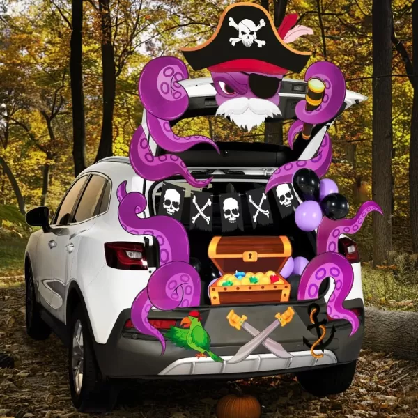 JOYIN Halloween Pirate Trunk Or Treat Car Decorations Kit for SUV Halloween Decorations Outdoor Indoor Decor Octopus Halloween Banner Haunted House Trunk Archway Car Balloons Knife Treasure Chest